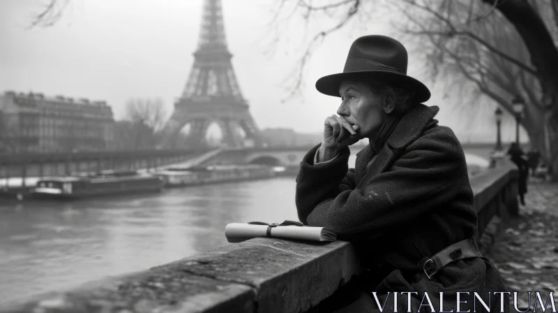 Thoughtful Elderly Woman on Paris Bridge with Eiffel Tower View AI Image