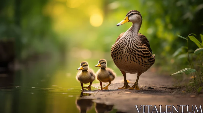 AI ART Tranquil Mother Duck and Ducklings by Pond