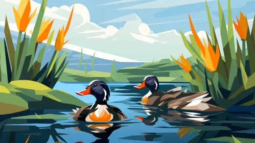 Two Ducks Swimming in Pond Illustration