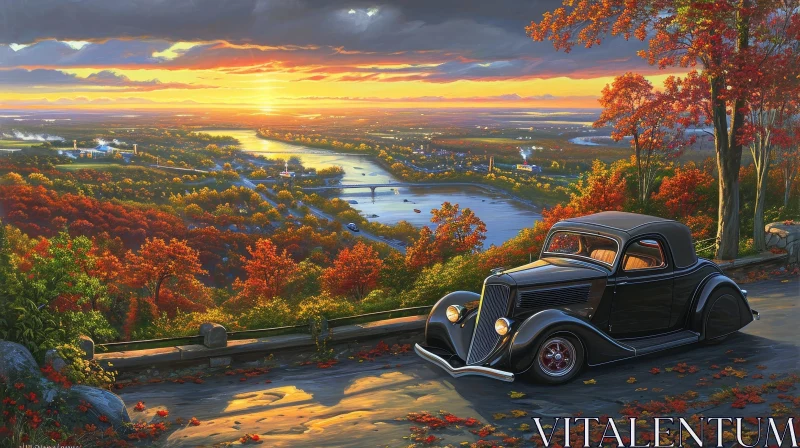 Vintage Ford Model A Painting - Serene River Valley Scene AI Image