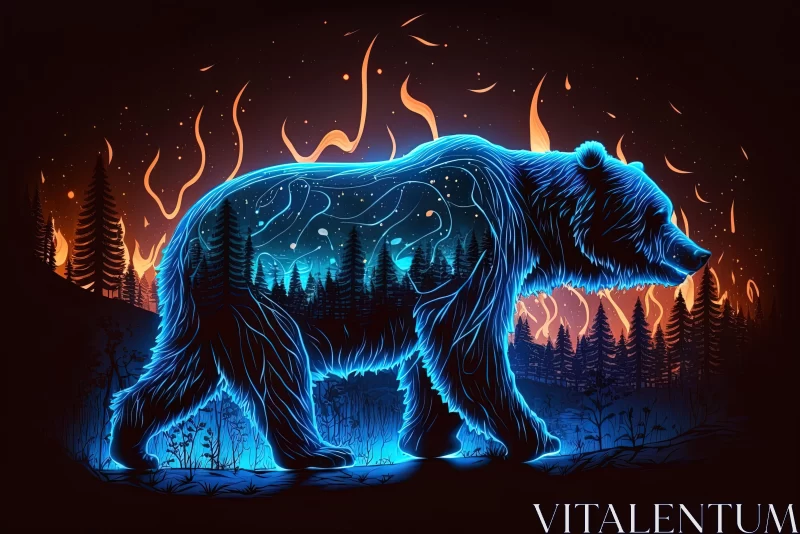 Bear in the Forest with Glowing Fires - Hyper-Detailed Illustration AI Image