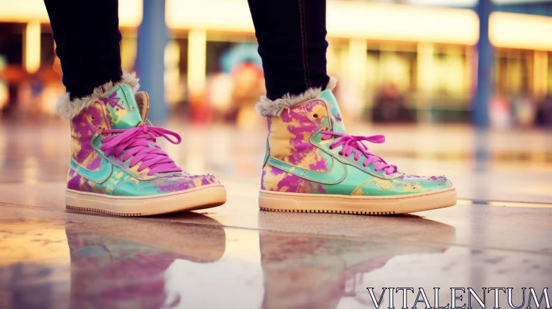Colorful Nike High-Top Sneakers on Wet Surface AI Image