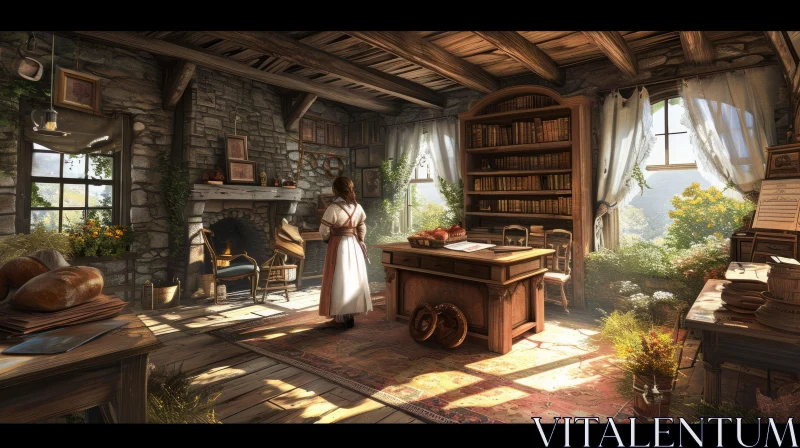 AI ART Cozy Rustic Library with Wooden Desk and Fireplace