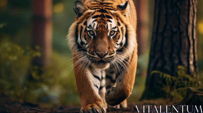 Majestic Tiger Walking in Forest AI Image