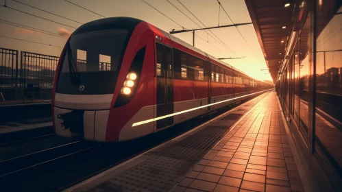 Modern Red and White High-Speed Train at Sunset