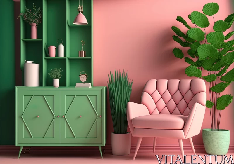 Pink and Green Room with Cabinet and Potted Plant - Realistic Hyper-Detailed Rendering AI Image