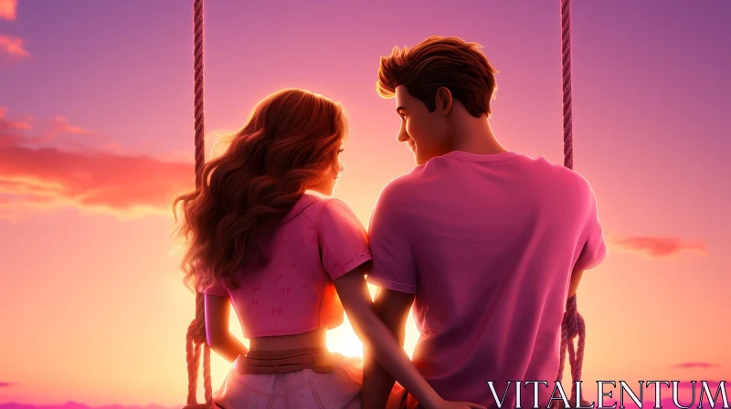 Romantic Cartoon Couple on Swing at Sunset AI Image