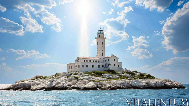 Serene Beauty: Lighthouse on a Rocky Island AI Image