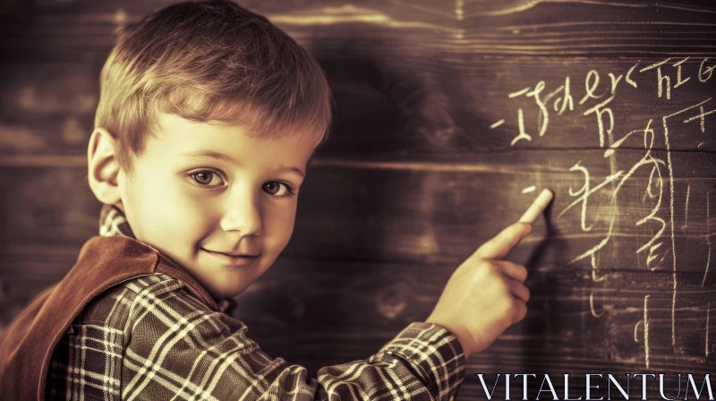 Smiling Boy with Blackboard | Rustic Wooden Wall AI Image