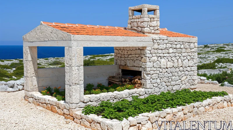 Stone-built Barbecue with Red Tiled Roof on Rocky Coast AI Image