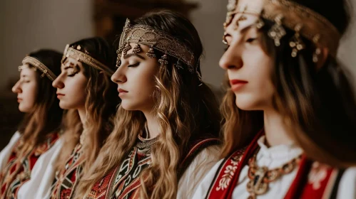 Traditional Headdress: Three Women in Colorful Embroidered Shirts