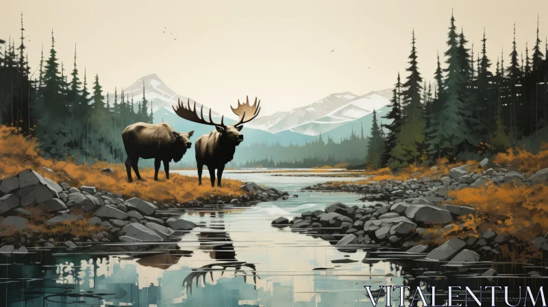 Tranquil Moose Landscape Painting AI Image