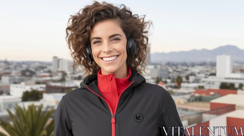 Urban Rooftop Portrait: Smiling Woman with Curly Hair AI Image