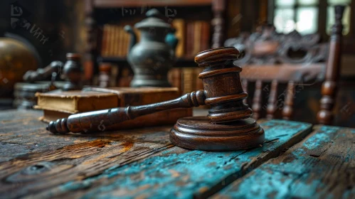 Wooden Judge's Gavel on Rustic Table - Serious and Somber Image