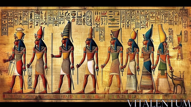 Ancient Egyptian Papyrus: Divine Procession of Gods and Goddesses AI Image