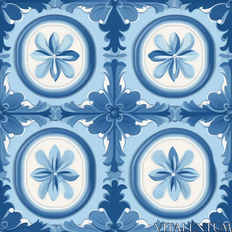 Blue and White Floral Ceramic Tile Pattern AI Image