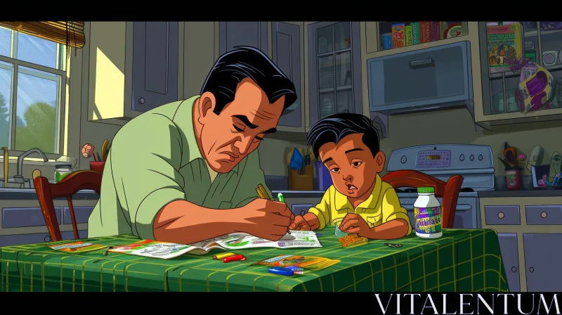 Charming Cartoon of a Father and Son in the Kitchen AI Image