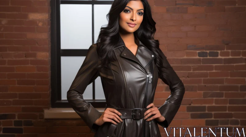 Confident Indian Woman Portrait in Brown Leather Trench Coat AI Image
