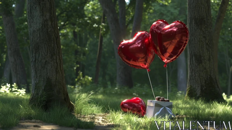 AI ART Enchanting Forest 3D Rendering with Heart-shaped Balloon