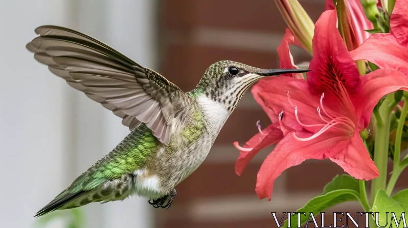 Graceful Hummingbird Hovering in Front of Red Flower AI Image