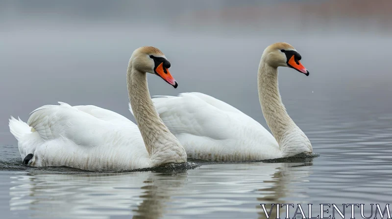 Graceful Swans in Sunlit Lake AI Image