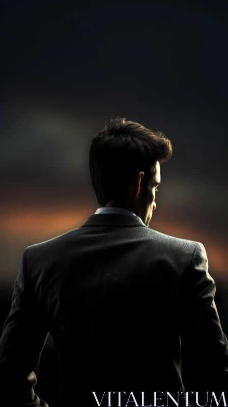 Man in Suit Back View under Dark Sky AI Image