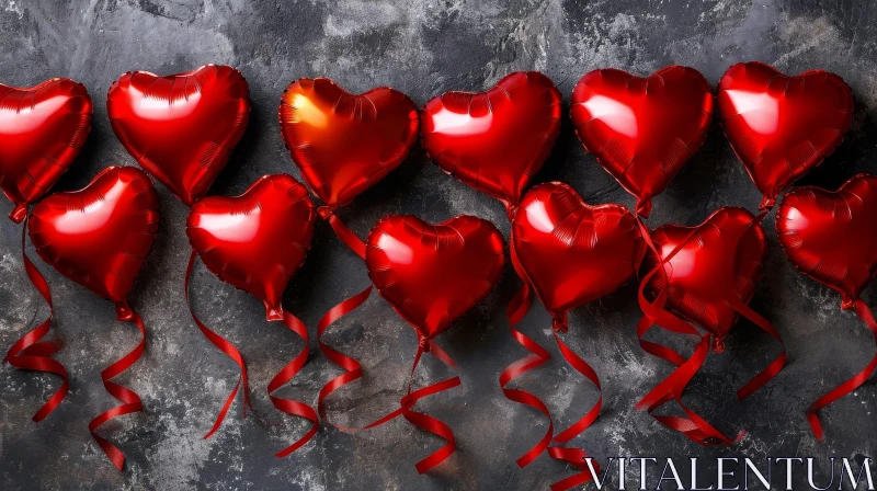 Red Heart-shaped Balloons on Gray Stone Background AI Image