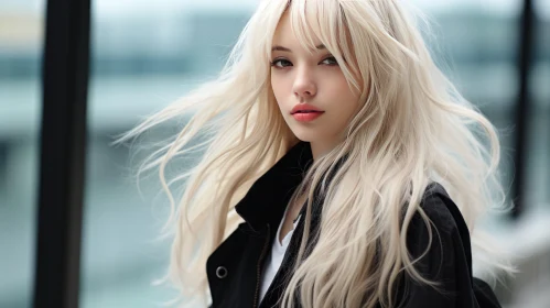 Serious Young Woman with Blonde Hair and Black Jacket Portrait