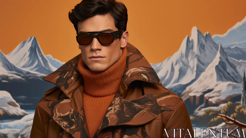 Stylish Male Model in Brown Camouflage Coat and Sunglasses AI Image