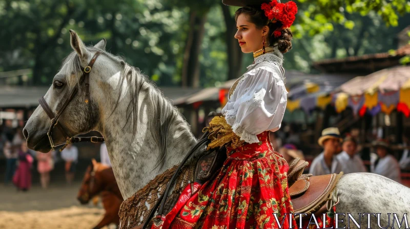 AI ART Traditional Hungarian Costume: Woman Riding a Grey Horse
