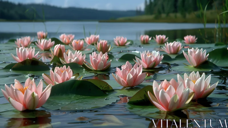 Tranquil Pond Scene with Lily Pads and Pink Flowers AI Image
