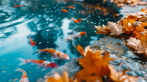 Tranquil Pond with Koi Fish and Fall Leaves