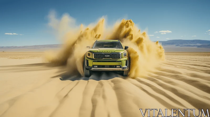 Vibrant Green SUV Driving Through Desert Landscape AI Image