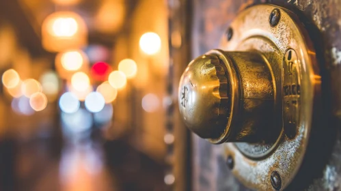 Vintage Brass Doorknob Against Blurry Background of Warm-Colored Lights