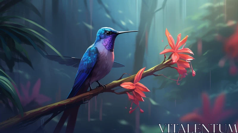 Enchanting Hummingbird and Flower Scene in Forest AI Image
