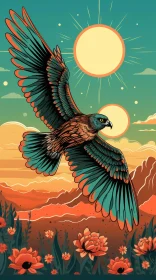 Majestic Hawk Vector Illustration Over Desert Landscape