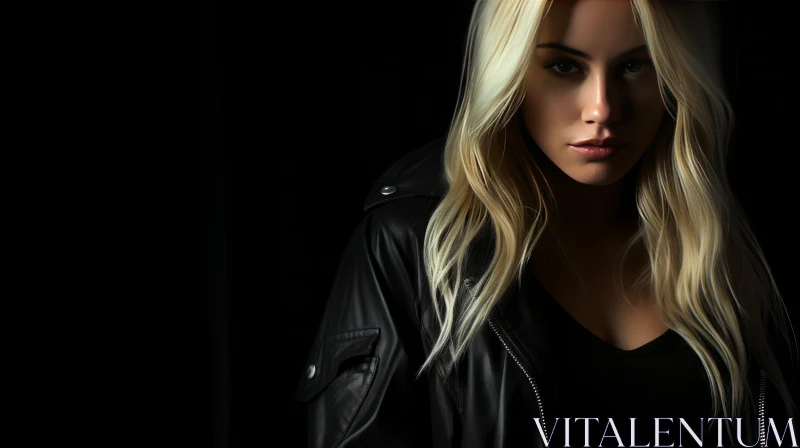 Serious Young Woman Portrait in Black Leather Jacket AI Image