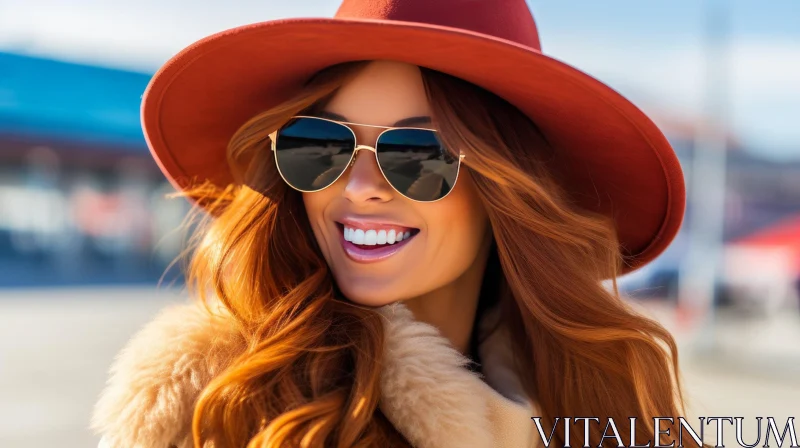 Stylish Red-Haired Woman Portrait in Brown Hat and Sunglasses AI Image