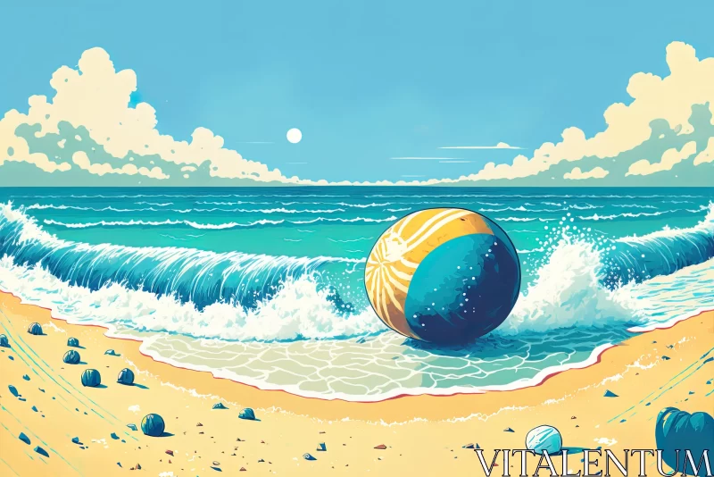 Whimsical Beach Ball Surrealistic Cartoon on Sandy Shore AI Image