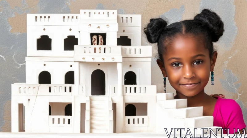 AI ART Adorable African American Girl with Two Buns and White Model House
