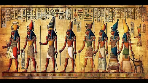 Ancient Egyptian Papyrus: Divine Procession of Gods and Goddesses