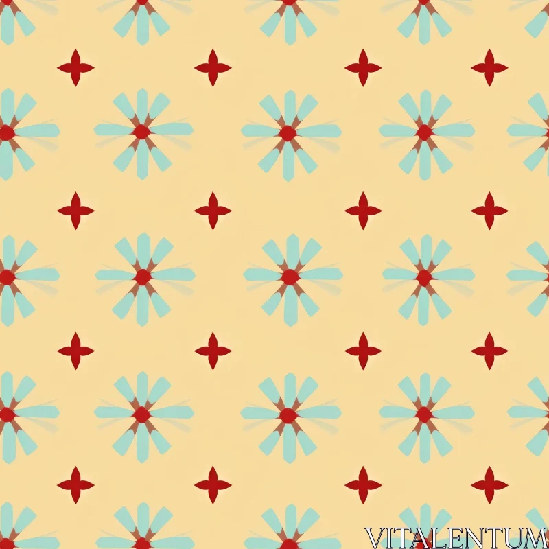 Blue and Red Geometric Flower Pattern on Beige Background AI Image