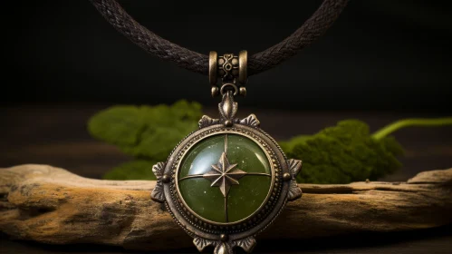 Bronze Pendant Compass with Green Stone - Close-Up Photograph