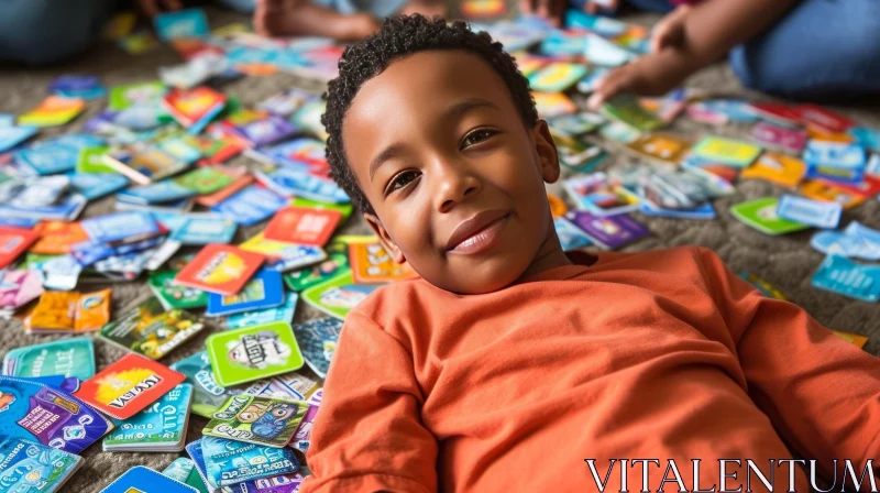 Captivating Image of a Joyful Boy Surrounded by Colorful Cards AI Image