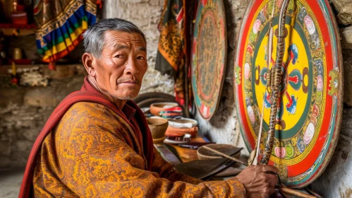 Captivating Portrait of a Middle-aged Asian Man in Traditional Tibetan Clothes