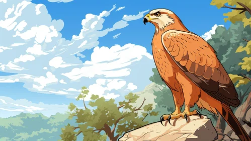 Cartoon Hawk on Rock in Mountain Landscape