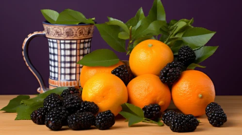Ceramic Cup, Oranges, and Blackberries Still Life