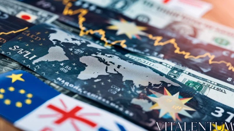 Close-up of International Currencies and Credit Card with World Map AI Image