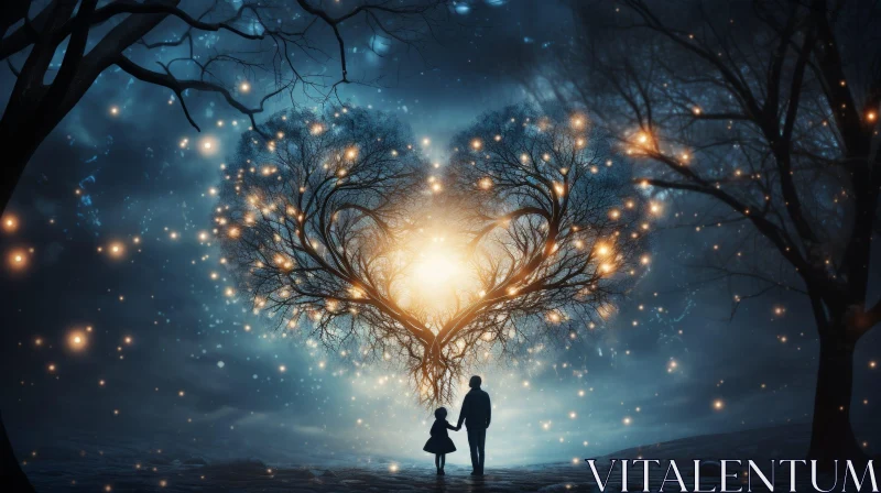 Enchanting Forest Scene: Father and Daughter Admiring Heart-Shaped Tree AI Image