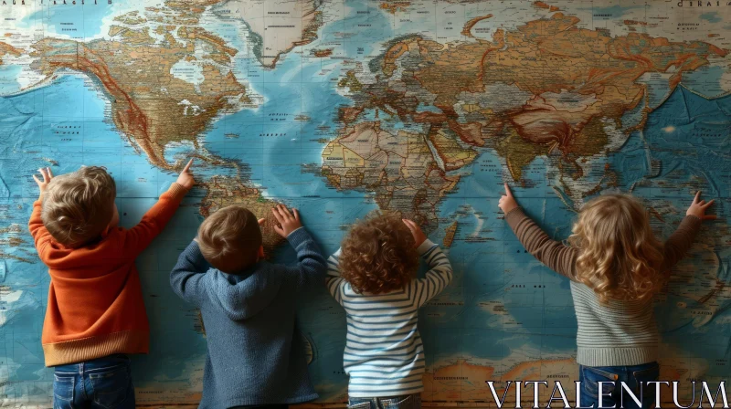 Exploring the World: Four Children Pointing at a Captivating Map AI Image